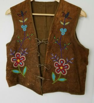 Native American Indian Vintage Hand - Beaded Flowers Suede Leather Vest Lined