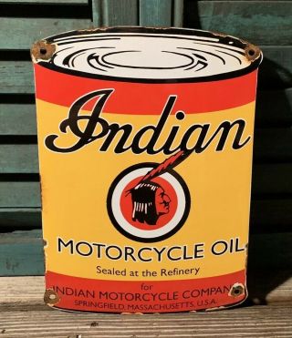Vintage Indian Motorcycle Oil Can Porcelain Sign Service Station Gas