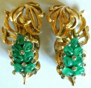 Stunning 1950’s Signed Ciner Flawed Emerald Cabochon Glass Rhinestone Earrings