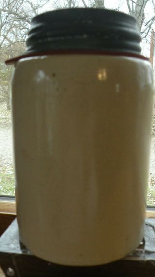 Pint Size Macomb Pottery Co.  Pat Jan 24 1899 White Stoneware Jar With Zinc Lid