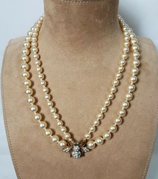 Estate Gold Joan Rivers Crystal Bee Double Strand Pearl Necklace