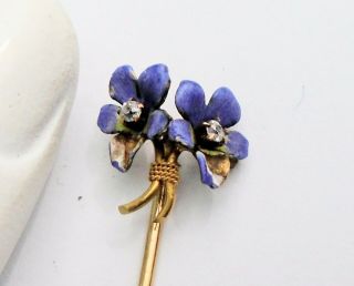 Fine Antique Art Nouveau 9ct Gold,  Sterling Silver & Enamel Violets Stick Pin