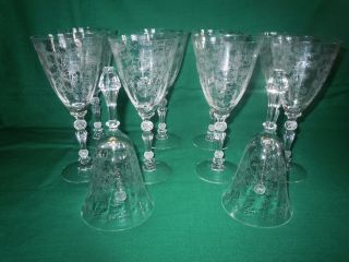 Set/8 Vtg Fostoria Chintz Etched Glass 7 - 5/8 " Water/wine Goblets,  2 Dinner Bells