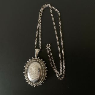 Antique Victorian Solid Silver Large Oval Pendant Locket And 22” Sterling Chain