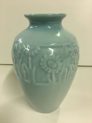 Vintage 1950 Rookwood Arts & Craft Pottery Daisy Flower Gloss Blue Green Vase