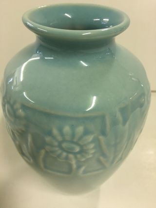 Vintage 1950 Rookwood Arts & Craft Pottery DAISY Flower Gloss Blue Green Vase 3