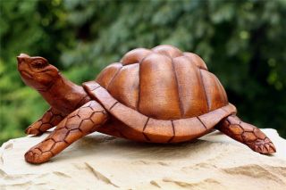 Large Wooden Tortoise Turtle Statue Hand Carved Sculpture Wood Decor Figurine