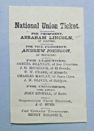National Union Ticket Abraham Lincoln And Famous Californians 1864