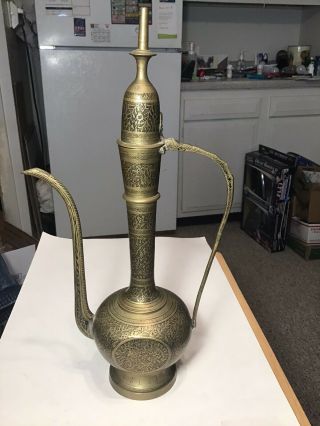 Brass Vintage India Tea Pot Genie Lamp Etched Ornate Hinged Lid Handle Vtg