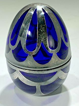Jaeger Sterling Silver Overlay Cobalt Glass Egg Shaped Trinket Box Signed