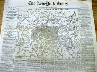 1870 Ny Times Newspaper Franco Prussian War Siege Of Paris W Large Detailed Map