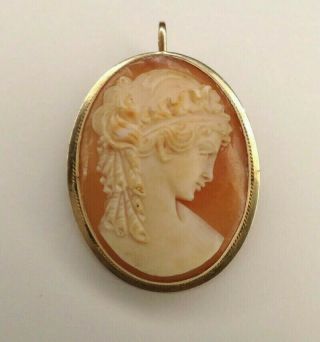 Antique 14k Solid Yellow Gold Hand Carved Shell Cameo Pendant Brooch