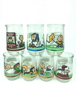 Full Set Of 7 Welchs Peanuts Jelly Jar Glasses 4 " Tall Snoopy Lucy Charlie Brown