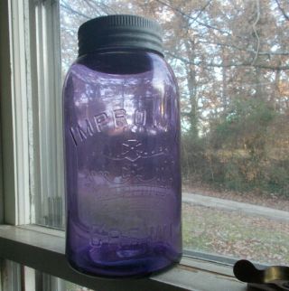Improved Crown Amethyst 1/2 Gallon Fruit Jar Over 100 Years Old With Crown Lid