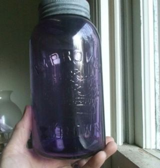 IMPROVED CROWN AMETHYST 1/2 GALLON FRUIT JAR OVER 100 YEARS OLD WITH CROWN LID 3