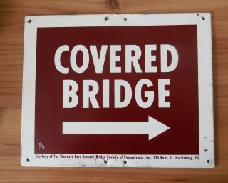 Covered Bridge Metal Sign With Arrow