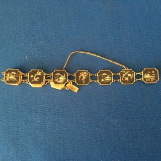 Antique Art Deco Japanese Shakudo Metal Bracelet Inland With Gold And Silver