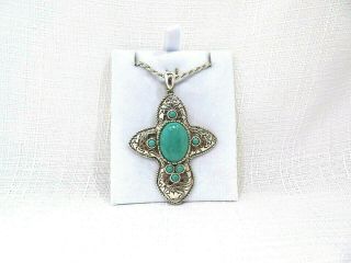Deceased Estate Green Turquoise Solid Sterling Silver Cross Necklace