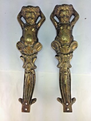 Antique French Solid Brass Pair (2) Nudes Cherub/putti Door Pulls Handles