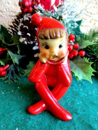 Vintage Elf/pixie Red Outfit Sitting Mouth Wide Open&scared Ceramic Figurine