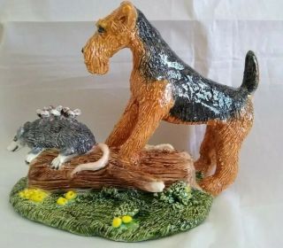 Airedale Terrier Dog With Opposums Ceramic Sculpture Figurine Statue Signed Ooak