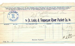 Riverboat " Kentucky ",  St.  Louis & Tennessee.  Signed 22 May,  1919 Bill Of Lading