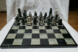 Vintage Alabaster Chess Set Artisan Hand Carved Aztec Black White Complete L@@k