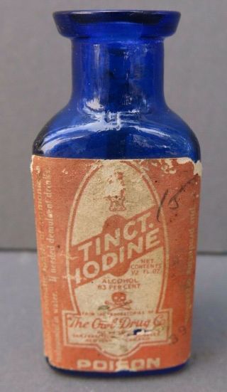 Vintage Owl Drug Co.  Cobalt Poison Bottle With Label - 2 3/4 "