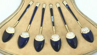 Set 6 Art Deco Solid Silver Blue Enamel Coffee Spoons 1920