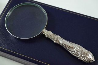 Cased Woodfall Pattern Sheffield Sterling Silver Handled Magnifying Glass 1913