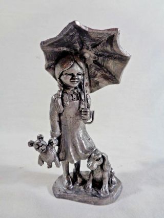 Vintage Michael Ricker Pewter Figurine Girl With Umbrella Bear And Dog 3340/3600