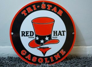 Vintage Tri - Star Porcelain Sign Gas Oil Metal Station Pump Plate Gasoline Hat Ad