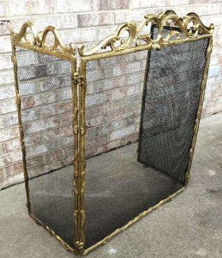 Vintage Solid Brass & Mesh Ornate Fireplace Screen Cover Door Mid Century