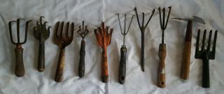 (10) Antique & Vintage Metal Garden Hand Tools Claw Fork Rake Various Styles