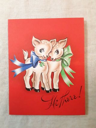 Vintage Mid - Century Christmas Greeting Card - Deer Fawns On Red Background