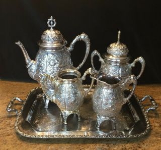Ca/1905 Repousse Rogers & Smith Silver Plate 5pc Coffee/tea Service W/ Tray