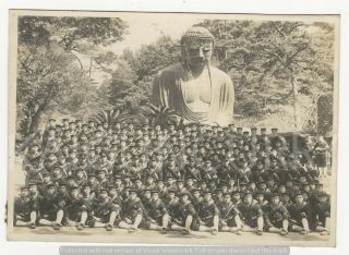 Wwii Japanese Photo: Navy Marine Soldiers At Kamakura,  Buddha