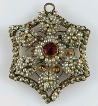 Antique Georgian 18th - 19th C Gold Ruby Cluster Seed Pearl Jewelry Pendant