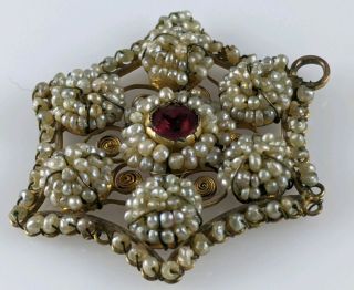 Antique Georgian 18th - 19th C Gold Ruby Cluster Seed Pearl Jewelry Pendant 2