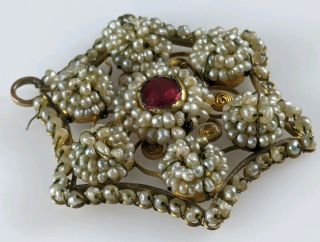 Antique Georgian 18th - 19th C Gold Ruby Cluster Seed Pearl Jewelry Pendant 3