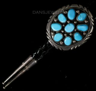 1980s Old Pawn Vintage Navajo Turquoise Southwestern Handmade Sterling Bolo Tie