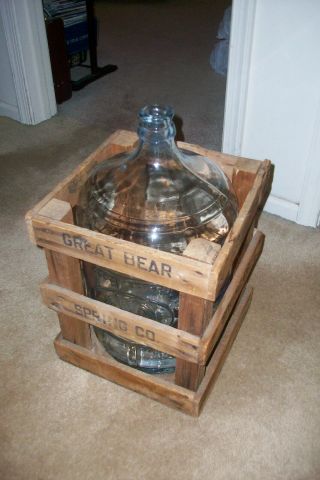 Vintage Great Bear Glass 5 Gallon Water Bottle With Wooden Crate