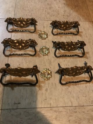 6 Antique Ornate Brass Cabinet Drawer Pulls &3 Keys Cover Hardware
