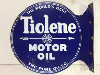 Vintage Porcelain Tiolene Motor Oil 19”x18” Double Sided Flange Porcelain Enamel