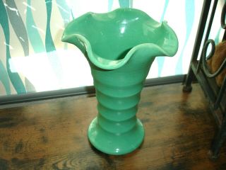Vintage 10 " Matt Carlton Bauer Pottery Ruffled Vase Green California