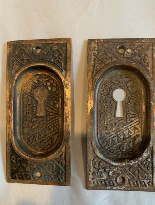 Pair Antique Victorian Eastlake Copper Pocket Door Pulls Key Escutcheon 1880’s