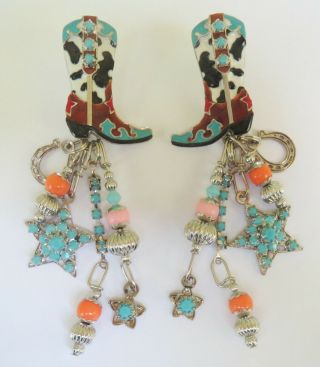 Lunch At The Ritz Western Boots Turquoise Coral Dangling Beads Post Earrings