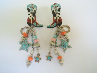 Lunch at the Ritz Western Boots Turquoise Coral Dangling Beads Post Earrings 2