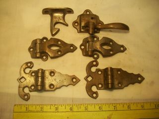 Vintage Old Brass Oak Ice Box Hinges (4),  Brass Door Lever Lock Set