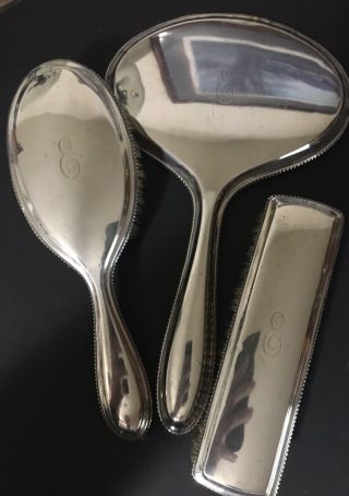 Antique Sterling Silver.  925 Vanity Set Hand Mirror Hand,  2 Brushes